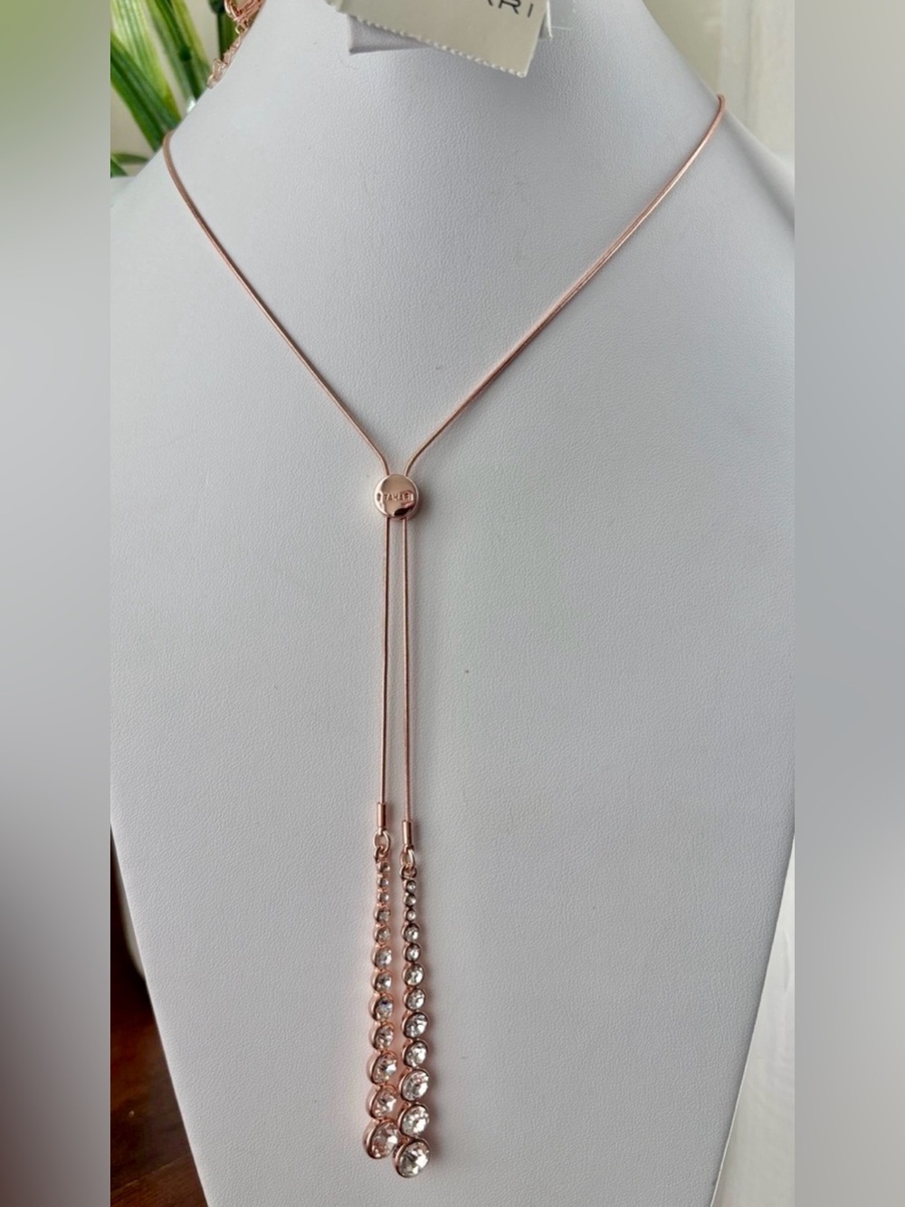 Tahari Rose Gold Lariat  Long or Choker Adjustable,tower shape rhinestone dangle